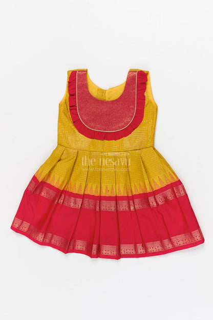 The Nesavu Girls Kanchi Silk Frock Baby Girl Silk Frock for Festive Milestones and Cultural Celebrations Nesavu Nesavu baby girl silk frock with traditional zari border and frilled yoke for festive milestones