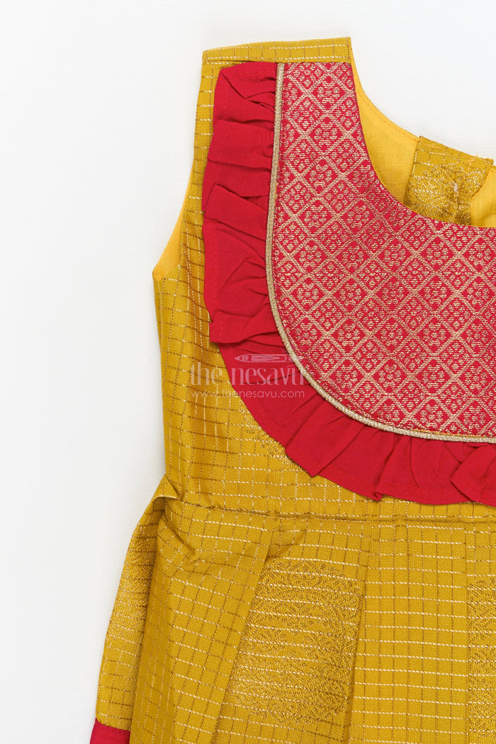 The Nesavu Girls Kanchi Silk Frock Baby Girl Silk Frock for Festive Milestones and Cultural Celebrations Nesavu Nesavu baby girl silk frock with traditional zari border and frilled yoke for festive milestones
