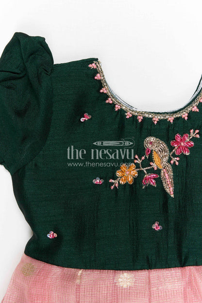 The Nesavu Silk Frock Baby Girl Silk Frock for Festive Occasions and Birthdays Nesavu Nesavu Baby Girl Silk Frock For Festive Occasions Green Blend Silk With Tissue Skirt Traditional Wear