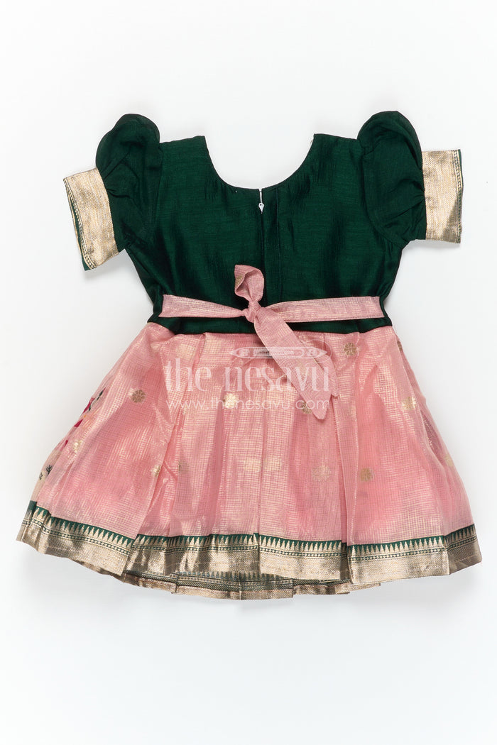 The Nesavu Silk Frock Baby Girl Silk Frock for Festive Occasions and Birthdays Nesavu Nesavu Baby Girl Silk Frock For Festive Occasions Green Blend Silk With Tissue Skirt Traditional Wear