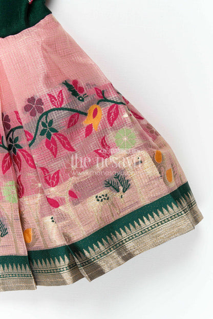 The Nesavu Silk Frock Baby Girl Silk Frock for Festive Occasions and Birthdays Nesavu Nesavu Baby Girl Silk Frock For Festive Occasions Green Blend Silk With Tissue Skirt Traditional Wear