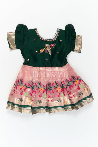 The Nesavu Silk Frock Baby Girl Silk Frock for Festive Occasions and Birthdays Nesavu Nesavu Baby Girl Silk Frock For Festive Occasions Green Blend Silk With Tissue Skirt Traditional Wear