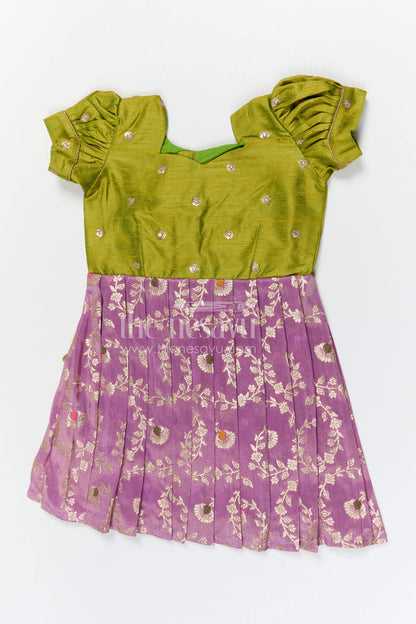 The Nesavu Silk Frock Baby Girl Silk Frock for Festive Occasions and Traditional Wear Nesavu 20 (3Y) / Green / Banarasi SF1146A-20 Nesavu baby girl silk frock for festive occasions with semi banaras silk and raw silk yoke traditional design