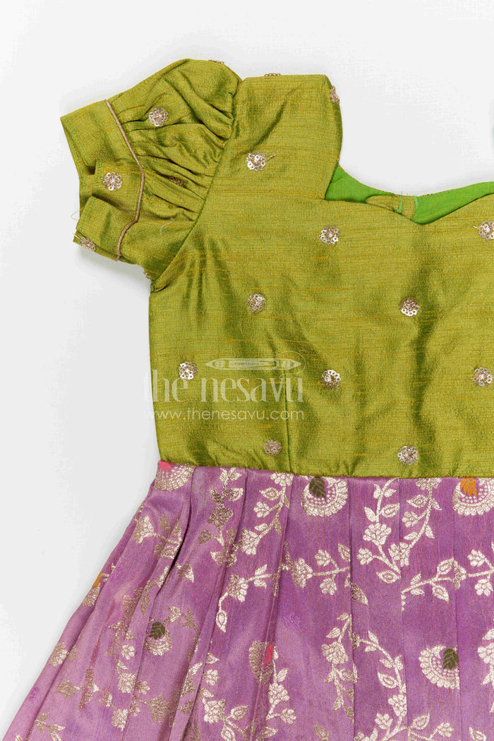 The Nesavu Silk Frock Baby Girl Silk Frock for Festive Occasions and Traditional Wear Nesavu Nesavu baby girl silk frock for festive occasions with semi banaras silk and raw silk yoke traditional design