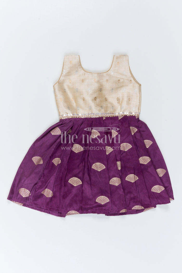 The Nesavu Silk Frock Baby Girl Silk Frock for Festive Parties and Family Functions Nesavu 16 (1Y) / Cream / Semi Banarasi SF1168B-16 Nesavu Baby Girl Silk Frock With Purple Festive Skirt For Parties And Traditional Celebrations