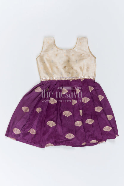 The Nesavu Silk Frock Baby Girl Silk Frock for Festive Parties and Family Functions Nesavu 16 (1Y) / Cream / Semi Banarasi SF1168B-16 Nesavu Baby Girl Silk Frock With Purple Festive Skirt For Parties And Traditional Celebrations