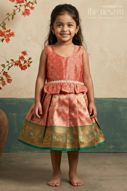 The Nesavu Silk Frock Baby Girl Silk Frock for Festive Photos and Traditional Functions Nesavu 20 (3Y) / Orange / Semi Banarasi SF1173A-20 Nesavu Baby Girl Silk Frock With Tissue Yoke And Zari Border For Festive Celebrations