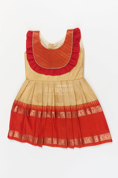 The Nesavu Girls Kanchi Silk Frock Baby Girl Silk Frock for Festive Rituals and Family Functions Nesavu 14 (6M) / Cream / Style 1 KSF036BA-14 Nesavu baby girl silk frock for traditional celebrations with zari border and pleated ruffle yoke