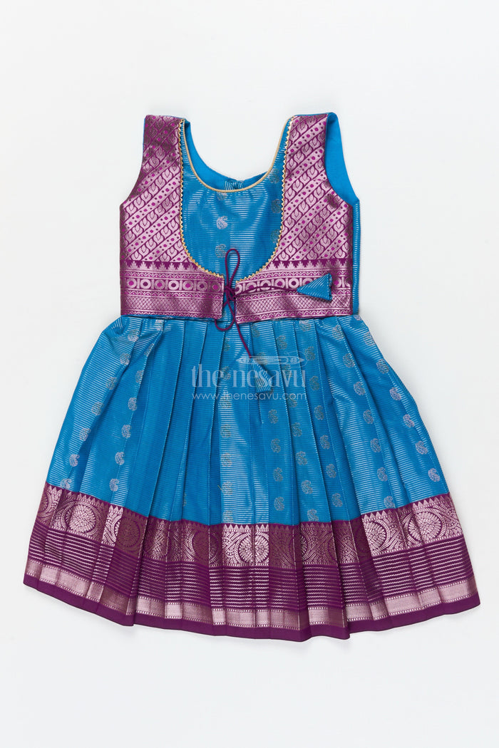 The Nesavu Girls Kanchi Silk Frock Baby Girl Silk Frock for Naming Ceremonies and Milestone Celebrations Nesavu 18 (2Y) / Blue / Style 2 KSF009AB-18 Nesavu baby girl Kanchivaram silk frock with zari border for naming ceremony and traditional events