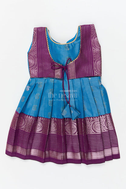 The Nesavu Girls Kanchi Silk Frock Baby Girl Silk Frock for Naming Ceremonies and Milestone Celebrations Nesavu 10 (NB) / Blue / Style 3 KSF009AC-10 Nesavu baby girl Kanchivaram silk frock with zari border for naming ceremony and traditional events