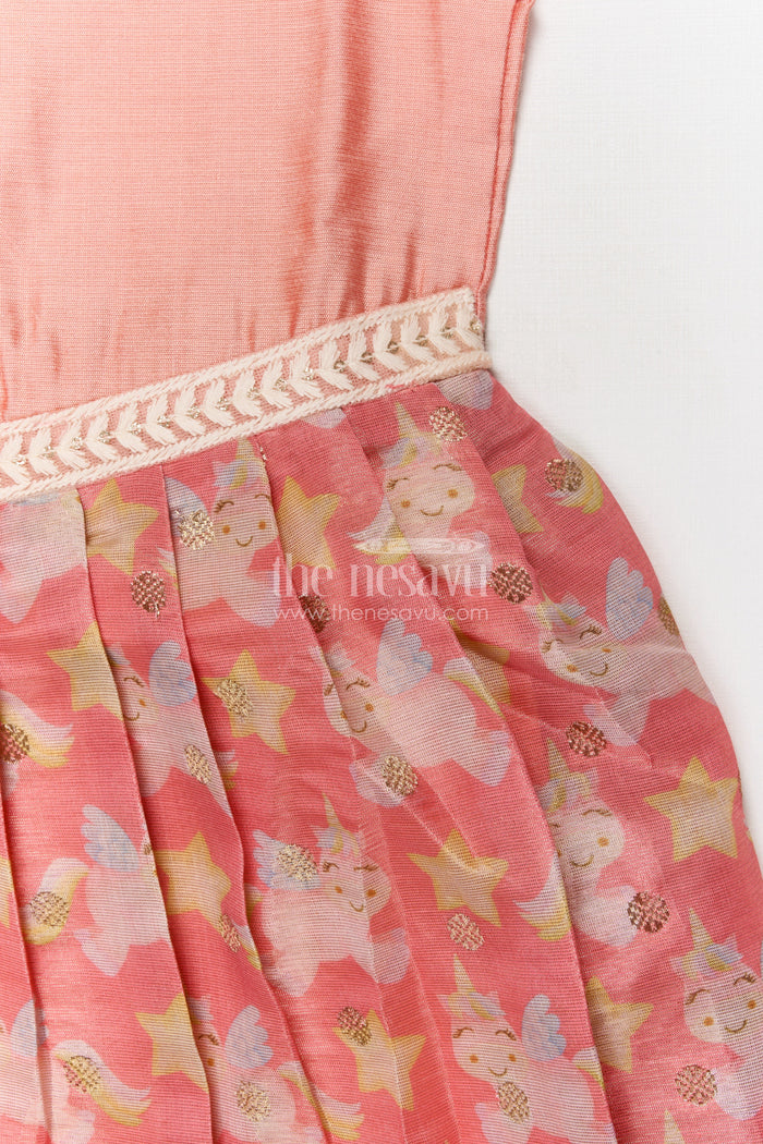 The Nesavu Silk Frock Baby Girl Silk Frock for Parties and Special Celebrations Nesavu Nesavu baby girl silk frock with unicorn print and lace waist for birthdays and party moments
