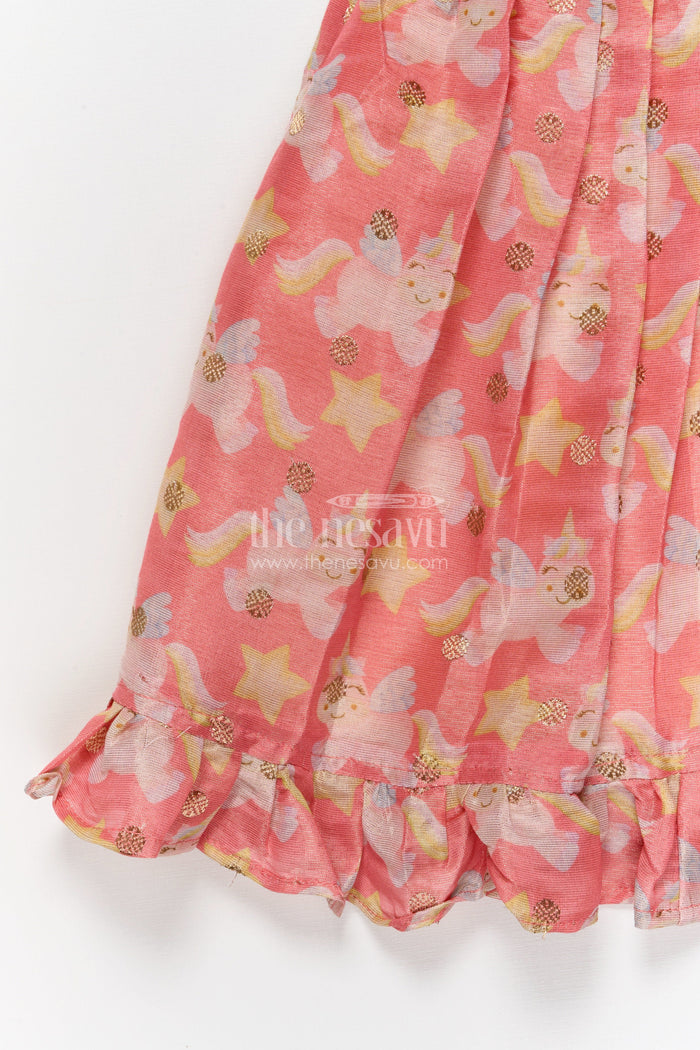 The Nesavu Silk Frock Baby Girl Silk Frock for Parties and Special Celebrations Nesavu Nesavu baby girl silk frock with unicorn print and lace waist for birthdays and party moments