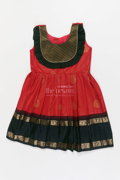 The Nesavu Girls Kanchi Silk Frock Baby Girl Silk Frock for Traditional Celebrations and Ethnic School Functions Nesavu 20 (3Y) / Orange / Style 1 KSF036DA-20 Nesavu baby girl traditional silk frock with zari border and frilled bib yoke for festive occasions