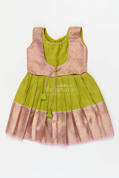 The Nesavu Girls Kanchi Silk Frock Baby Girl Silk Frock for Traditional Family Occasions and Festive Events Nesavu 18 (2Y) / Green / Style 1 KSF029AA-18 Nesavu baby girl Kanchivaram silk frock for traditional occasions with zari border and overlay