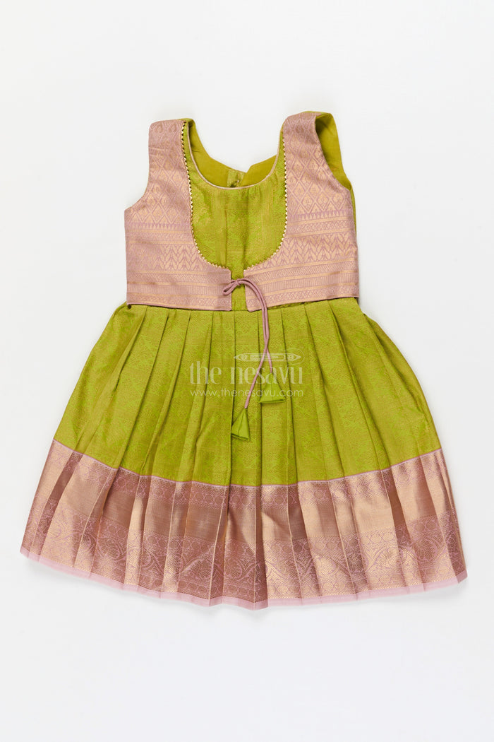 The Nesavu Girls Kanchi Silk Frock Baby Girl Silk Frock for Traditional Family Occasions and Festive Events Nesavu 14 (6M) / Green / Style 2 KSF029AB-14 Nesavu baby girl Kanchivaram silk frock for traditional occasions with zari border and overlay