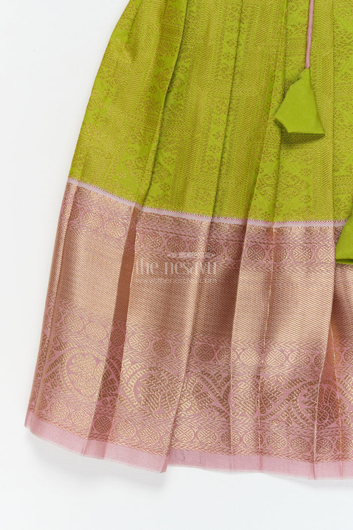 The Nesavu Girls Kanchi Silk Frock Baby Girl Silk Frock for Traditional Family Occasions and Festive Events Nesavu Nesavu baby girl Kanchivaram silk frock for traditional occasions with zari border and overlay