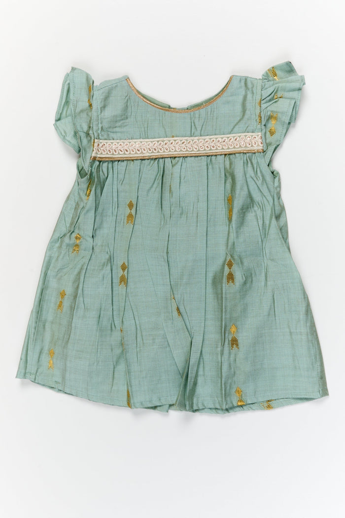The Nesavu Girls Chanderi Frock Baby Girl Silk Frock for Traditional Family Occasions Nesavu 12 (3M) / Gray / Viscose Silk GFC2102B-12 Nesavu baby girl silk frock in viscose with golden butti for festive and traditional occasions