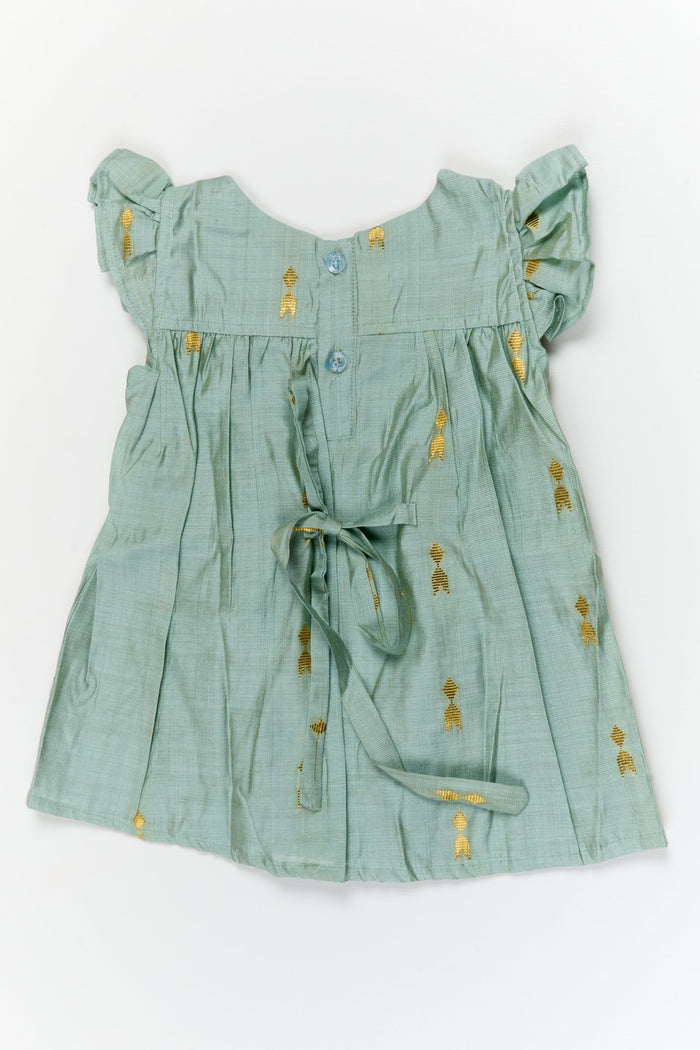 The Nesavu Girls Chanderi Frock Baby Girl Silk Frock for Traditional Family Occasions Nesavu Nesavu baby girl silk frock in viscose with golden butti for festive and traditional occasions