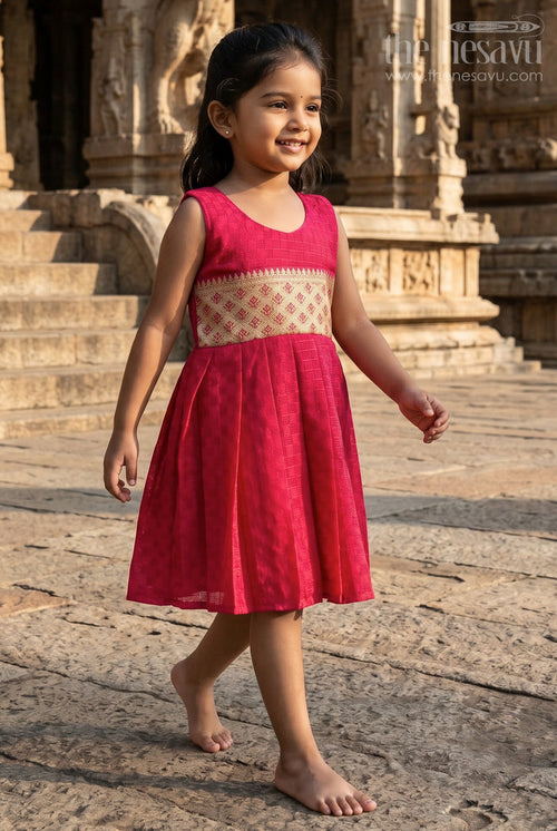 The Nesavu Silk Frock Baby Girl Silk Frock for Wedding Receptions and Cultural Occasions Nesavu 14 (6M) / Maroon / Cotton Silk SF1126A-14 Nesavu sleeveless silk frock for baby girls with paithani border – ideal for weddings and traditional celebrations