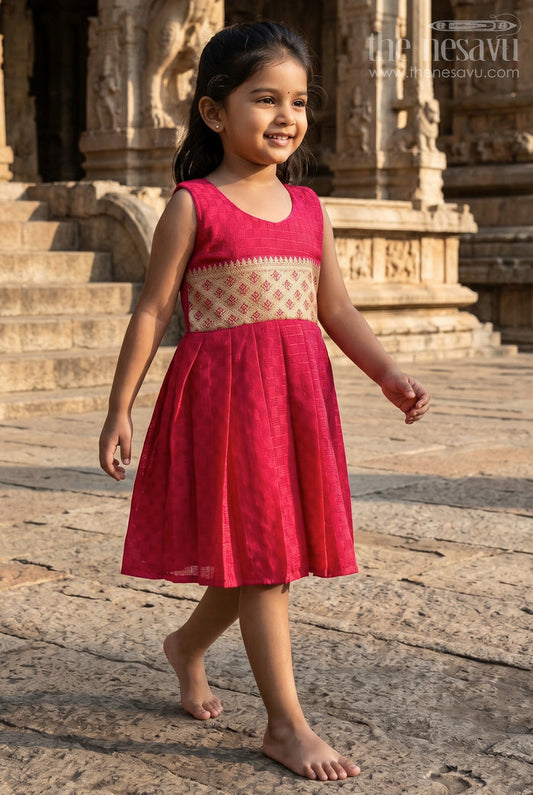 The Nesavu Silk Frock Baby Girl Silk Frock for Wedding Receptions and Cultural Occasions Nesavu 14 (6M) / Maroon / Cotton Silk SF1126A-14 Nesavu sleeveless silk frock for baby girls with paithani border – ideal for weddings and traditional celebrations