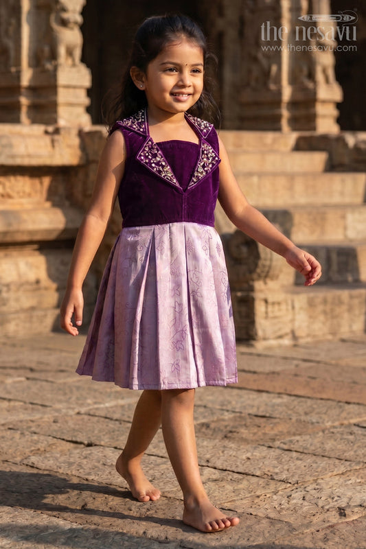 The Nesavu Silk Frock Baby Girl Silk Frock for Weddings and Special Evening Events Nesavu 16 (1Y) / Purple / Velvet SF1123A-16 Nesavu baby girl silk frock for wedding functions with velvet yoke and floral jacquard skirt