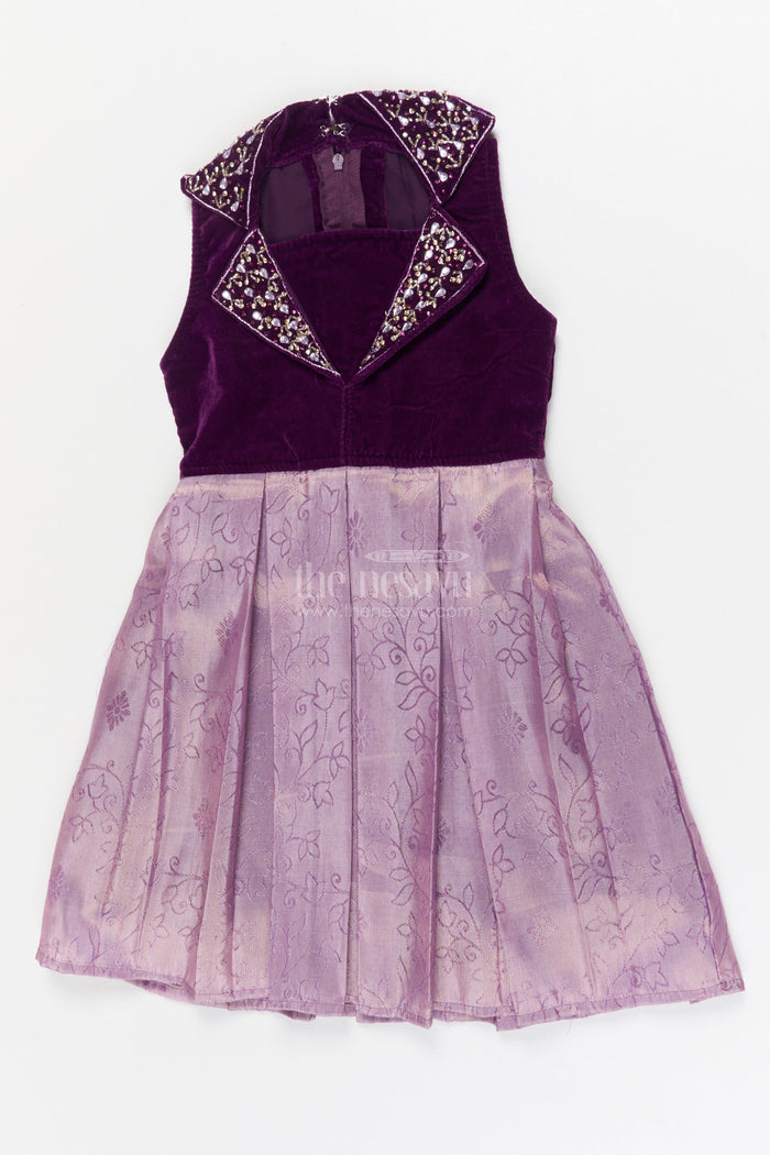The Nesavu Silk Frock Baby Girl Silk Frock for Weddings and Special Evening Events Nesavu 16 (1Y) / Purple / Velvet SF1123A-16 Nesavu baby girl silk frock for wedding functions with velvet yoke and floral jacquard skirt