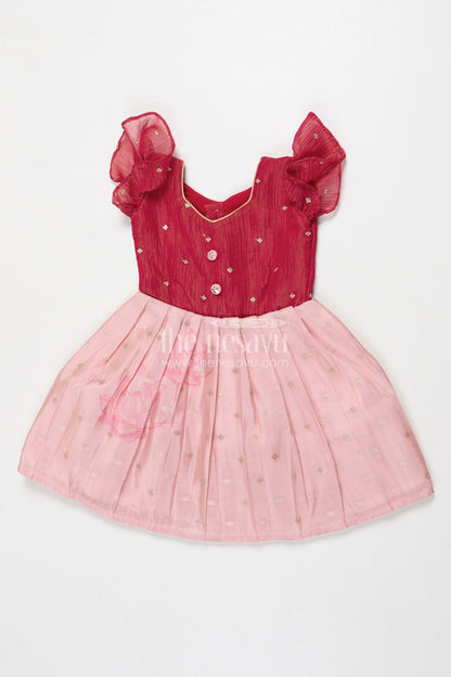 The Nesavu Silk Frock Baby Girl Silk Frock with Tissue Yoke for Weddings and Rituals Nesavu 18 (2Y) / Pink SF1102A-18 Nesavu baby girl silk frock with tissue yoke and lotus print – perfect for wedding celebrations and rituals