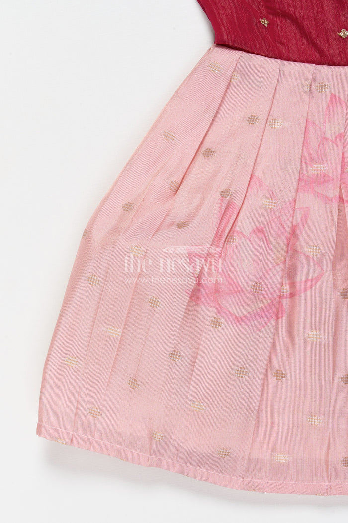 The Nesavu Silk Frock Baby Girl Silk Frock with Tissue Yoke for Weddings and Rituals Nesavu Nesavu baby girl silk frock with tissue yoke and lotus print – perfect for wedding celebrations and rituals