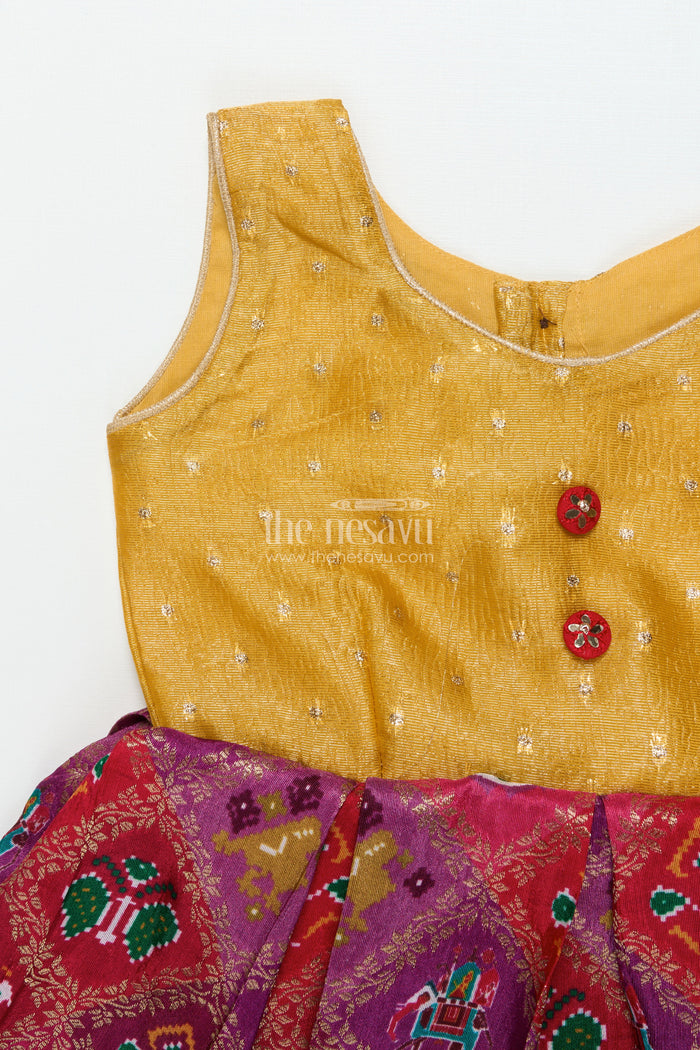 The Nesavu Silk Frock Baby Girl Silk Frock with Traditional Banarasi Motifs for Weddings and Ethnic Events Nesavu Nesavu baby girl semi Banaras silk frock with tissue yoke and ethnic motifs for special occasions