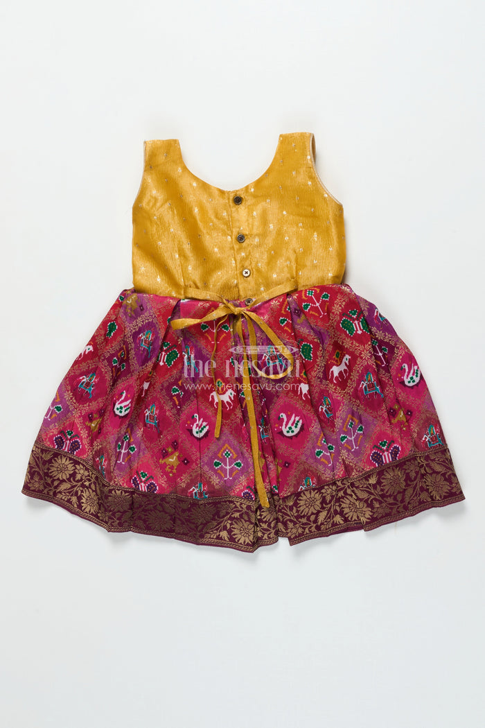 The Nesavu Silk Frock Baby Girl Silk Frock with Traditional Banarasi Motifs for Weddings and Ethnic Events Nesavu Nesavu baby girl semi Banaras silk frock with tissue yoke and ethnic motifs for special occasions
