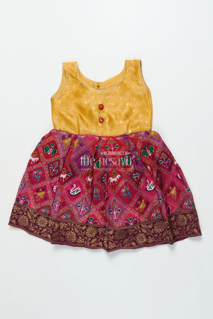 The Nesavu Silk Frock Baby Girl Silk Frock with Traditional Banarasi Motifs for Weddings and Ethnic Events Nesavu Nesavu baby girl semi Banaras silk frock with tissue yoke and ethnic motifs for special occasions