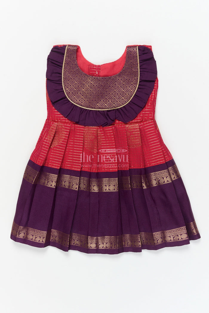 The Nesavu Girls Kanchi Silk Frock Baby Girl Silk Frock with Traditional Zari Detailing and Festive Neckline Nesavu 10 (NB) / Orange / Style 2 KSF036MB-10 Nesavu traditional silk frock for baby girls with zari checks and frill yoke