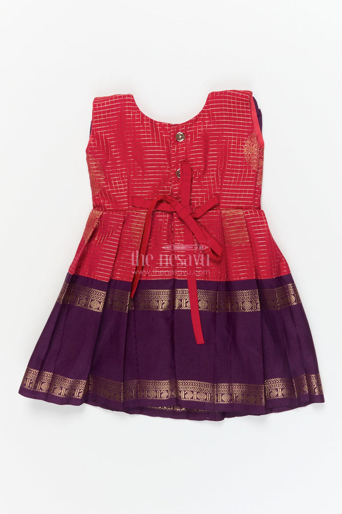The Nesavu Girls Kanchi Silk Frock Baby Girl Silk Frock with Traditional Zari Detailing and Festive Neckline Nesavu Nesavu traditional silk frock for baby girls with zari checks and frill yoke