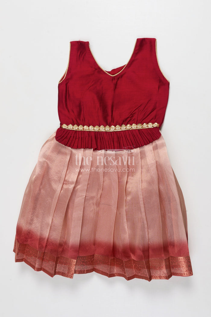 The Nesavu Silk Frock Baby Girl Silk Frock with Zari Border for Weddings and Festive Ceremonies Nesavu 22 (4Y) / Maroon SF1105A-22 Nesavu baby girl silk frock with tissue silk pleats and zari border – perfect for weddings and family rituals