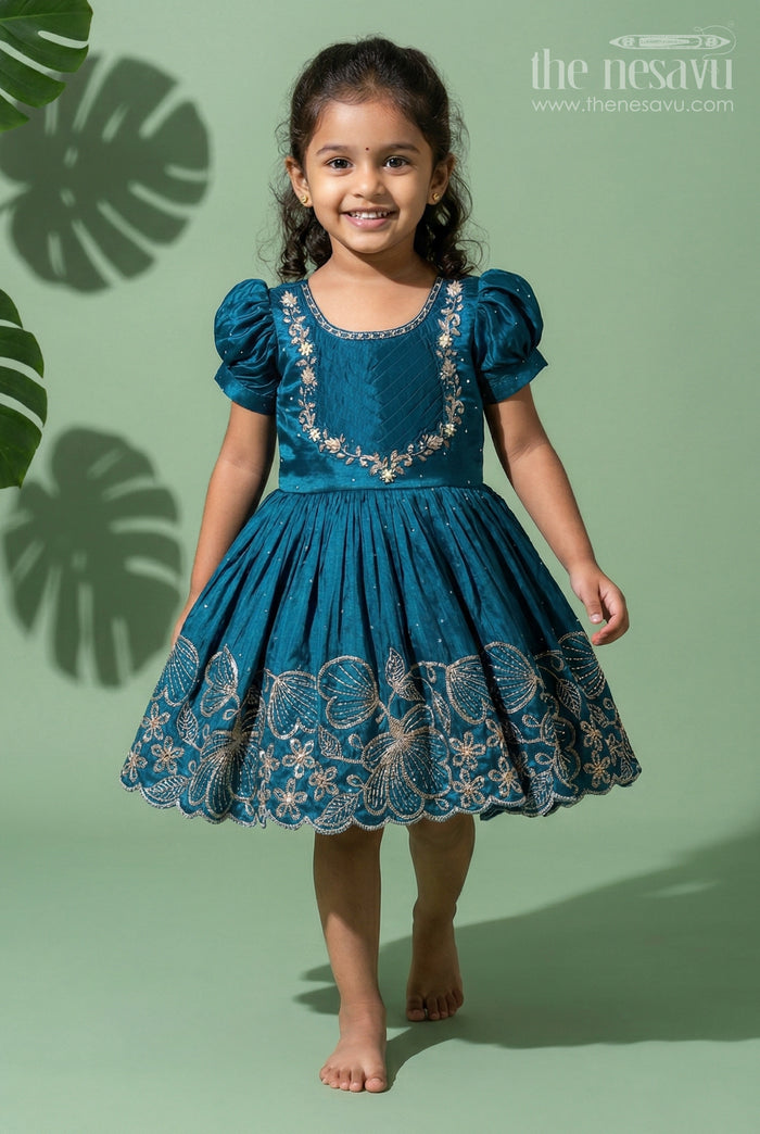 The Nesavu Silk Party Frock Baby Girl Silk Party Frock for Birthdays and Special Occasions Nesavu 18 (2Y) / Blue / Chinnon SF1151A-18 Nesavu Baby Girl Blue Silk Party Frock With Embroidery Bottom For Birthdays And Festive Occasions
