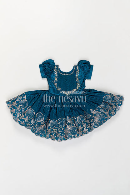The Nesavu Silk Party Frock Baby Girl Silk Party Frock for Birthdays and Special Occasions Nesavu Nesavu Baby Girl Blue Silk Party Frock With Embroidery Bottom For Birthdays And Festive Occasions