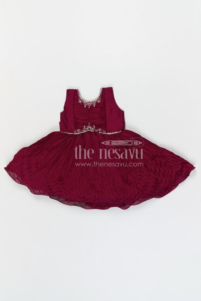 The Nesavu Silk Frock Baby Girl Silk Party Frock for Weddings and Special Celebrations Nesavu 18 (2Y) / Maroon / Georgette SF1139A-18 Nesavu baby girl georgette party frock with embroidered jacket for weddings and celebrations