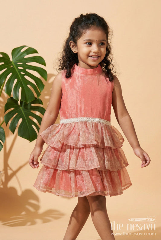 The Nesavu Girls Fancy Frock Baby Girl Sleeveless Frock for Birthday Parties and Family Functions Nesavu 18 (2Y) / Peach / Organza Tissue GFC2026F-18 Nesavu baby girl sleeveless ruffle frock with lace waist for parties and festive occasions