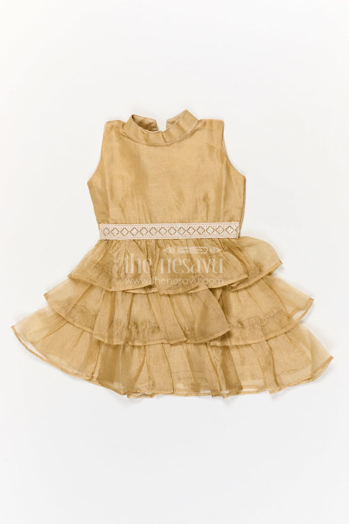 The Nesavu Girls Fancy Frock Baby Girl Sleeveless Frock for Traditional Celebrations and Milestone Photoshoots Nesavu 18 (2Y) / Yellow / Organza Tissue GFC2026G-18 Nesavu baby girl sleeveless frock with layered ruffles and lace belt for festive occasions
