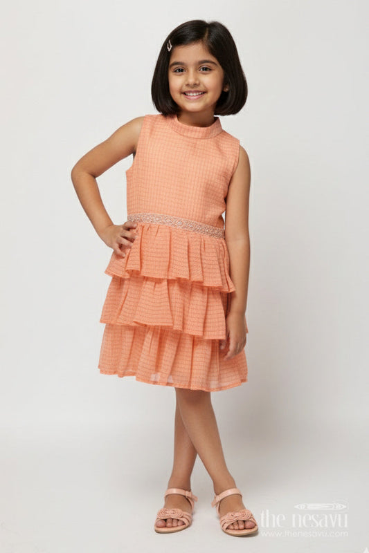The Nesavu Girls Cotton Frock Baby Girl Sleeveless Frock with Ruffle Layers for Birthday Parties and Celebrations Nesavu 18 (2Y) / Orange GFC2019B-18 Nesavu baby girl cotton frock with tiered ruffles and lace waist for festive occasions