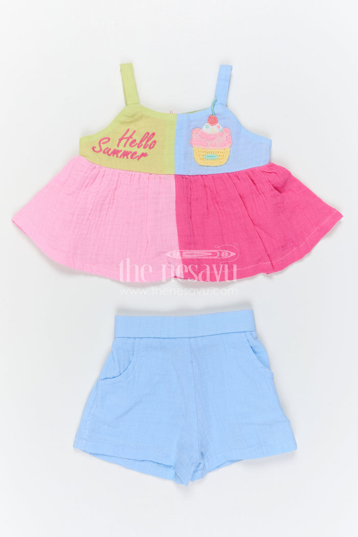 The Nesavu Baby Casual Sets Baby Girl Summer Outfit Set for Casual Outings and Playtime Nesavu Nesavu Baby Girl Muslin Cotton Summer Outfit Set With Colorful Top And Shorts For Daily Wear And Playtime