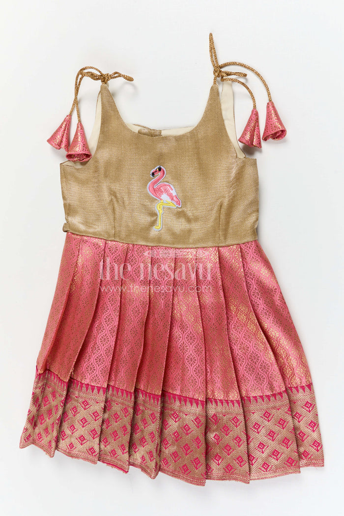 The Nesavu Tie-up Frock Baby Girl Tie up Frock for Festive Occasions and Party Wear Nesavu 16 (1Y) / Pink / Banarasi T429A-16 Nesavu baby girl tie up frock for festive occasions with semi banaras fabric and tissue yoke flared design