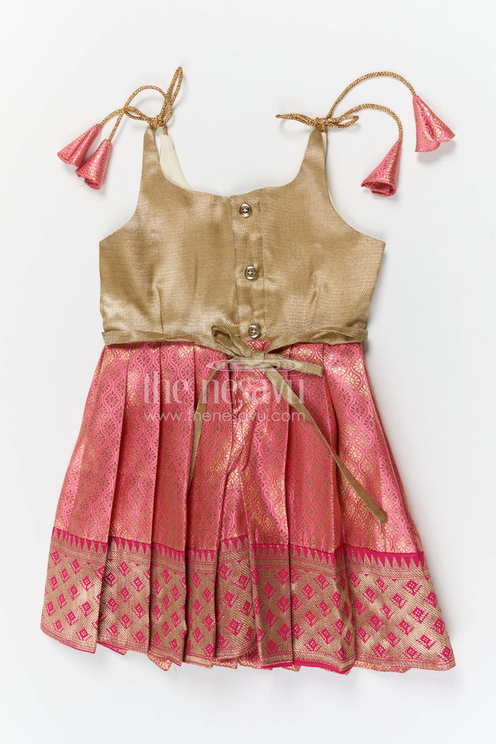 The Nesavu Tie-up Frock Baby Girl Tie up Frock for Festive Occasions and Party Wear Nesavu Nesavu baby girl tie up frock for festive occasions with semi banaras fabric and tissue yoke flared design