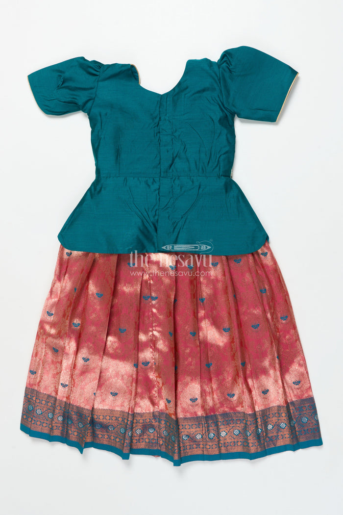 The Nesavu Pattu Pavadai Baby Girl Traditional Pattu Pavadai with Chanderi Yoke for Special Occasions Nesavu Nesavu baby girl pattu pavadai with chanderi yoke and Banaras skirt for traditional baby functions