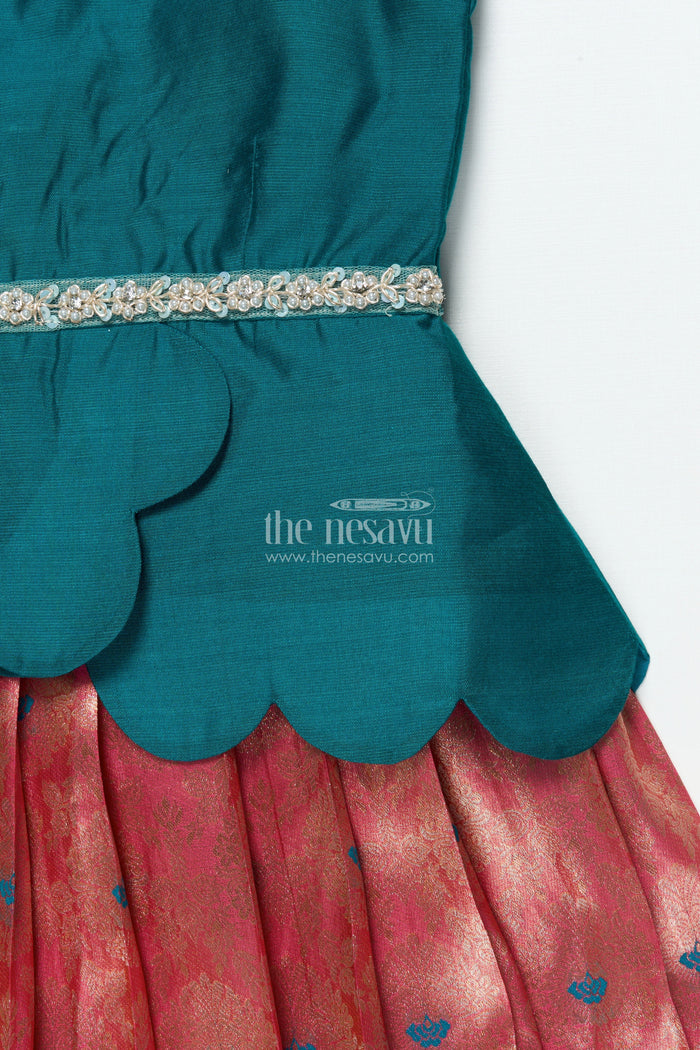 The Nesavu Pattu Pavadai Baby Girl Traditional Pattu Pavadai with Chanderi Yoke for Special Occasions Nesavu Nesavu baby girl pattu pavadai with chanderi yoke and Banaras skirt for traditional baby functions