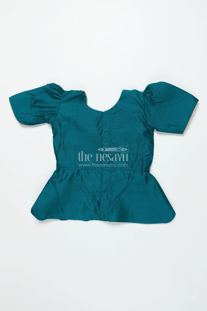 The Nesavu Pattu Pavadai Baby Girl Traditional Pattu Pavadai with Chanderi Yoke for Special Occasions Nesavu Nesavu baby girl pattu pavadai with chanderi yoke and Banaras skirt for traditional baby functions