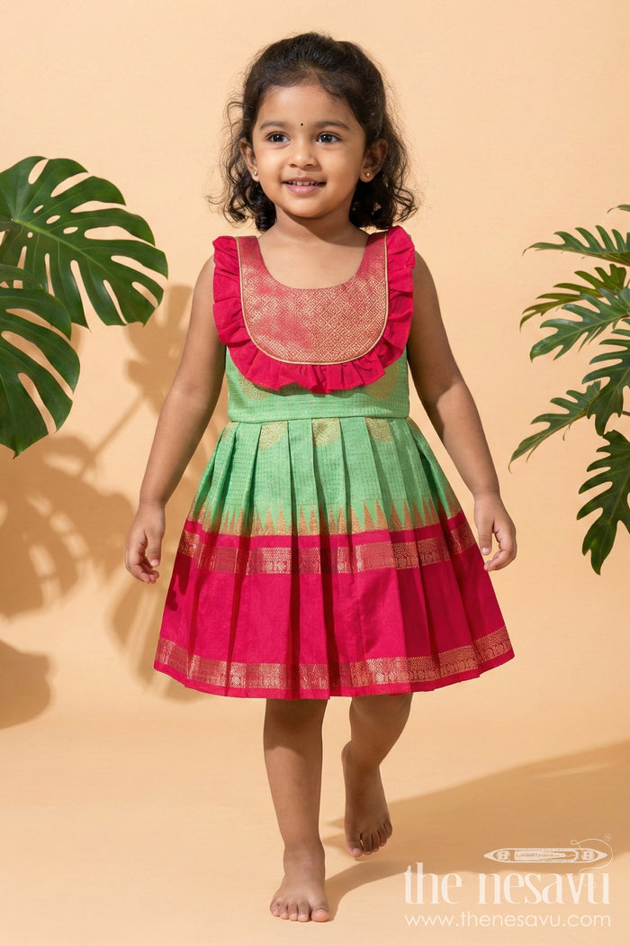 The Nesavu Girls Kanchi Silk Frock Baby Girl Traditional Silk Frock with Frilled Yoke for Festive Celebrations Nesavu 14 (6M) / Green / Style 1 KSF036HA-14 Nesavu baby girl ethnic silk frock with zari detailing and contrast frilled yoke for cultural occasions