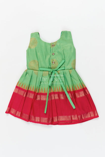 The Nesavu Girls Kanchi Silk Frock Baby Girl Traditional Silk Frock with Frilled Yoke for Festive Celebrations Nesavu Nesavu baby girl ethnic silk frock with zari detailing and contrast frilled yoke for cultural occasions