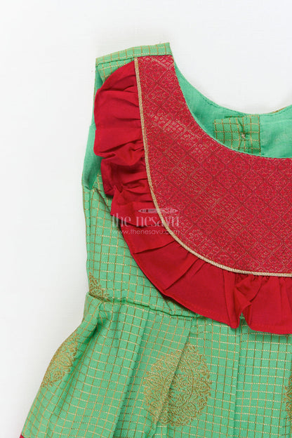 The Nesavu Girls Kanchi Silk Frock Baby Girl Traditional Silk Frock with Frilled Yoke for Festive Celebrations Nesavu Nesavu baby girl ethnic silk frock with zari detailing and contrast frilled yoke for cultural occasions