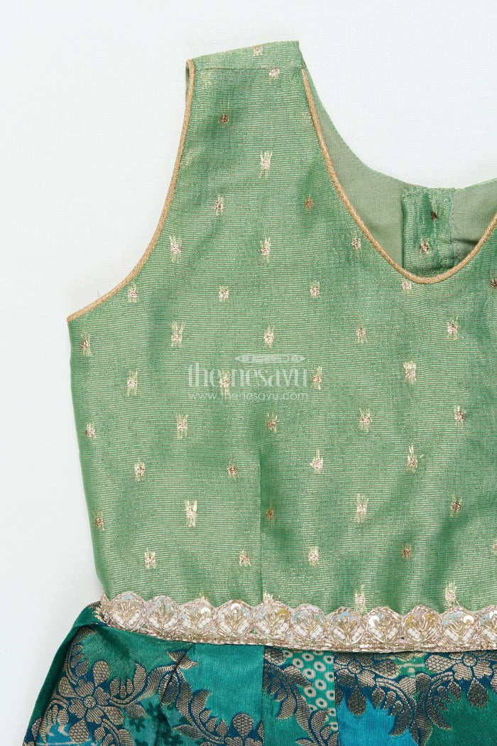 The Nesavu Silk Frock Baby Girl Traditional Silk Frock with Tissue Yoke for Weddings and Festive Portraits Nesavu Nesavu baby girl semi Banaras silk frock with tissue yoke for traditional weddings and functions